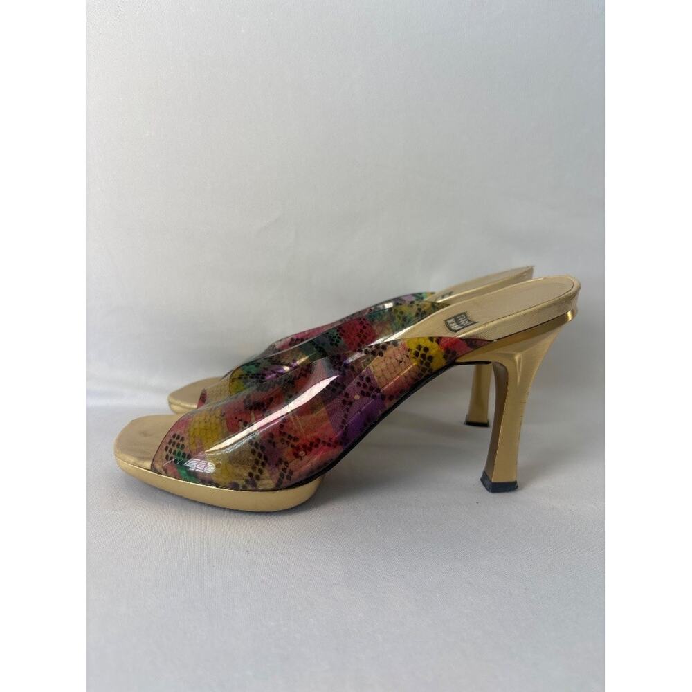 Stuart Weitzman Multicolor Snakeskin Print Gold Heel Mule Sandals Size 7B - Picture 4 of 9